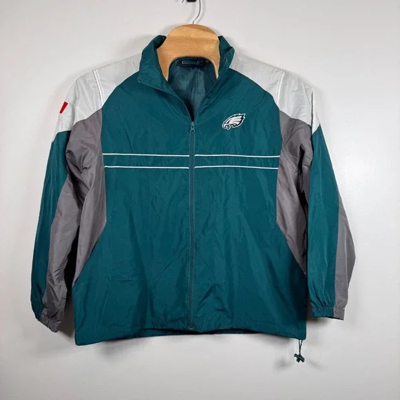Vintage Philadelphia Eagles Mens Large Windbreaker Jacket Full Zip Green Grey